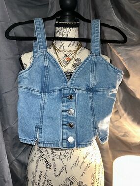 Light Blue Denim Bustier Crop Top with Front Buttons